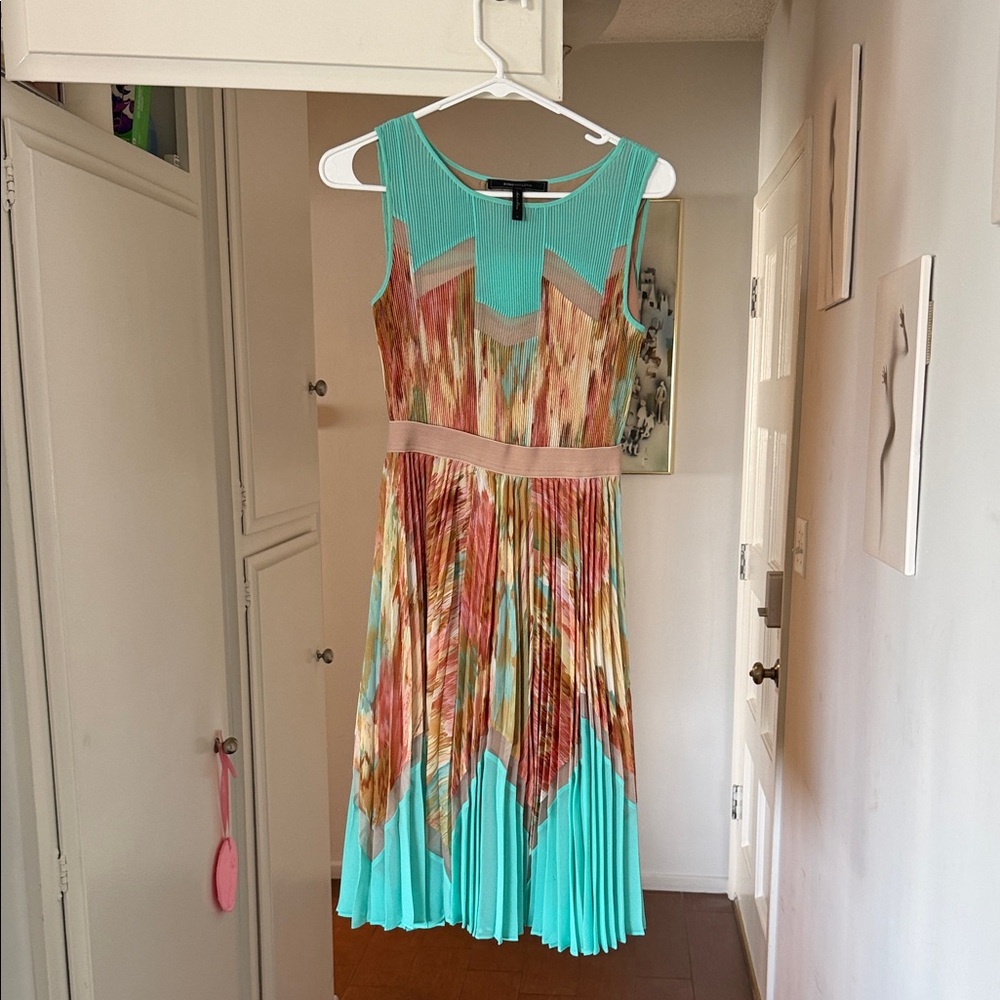 BCBGMaxAzria Teal and Multicolor Pleated Midi Dress